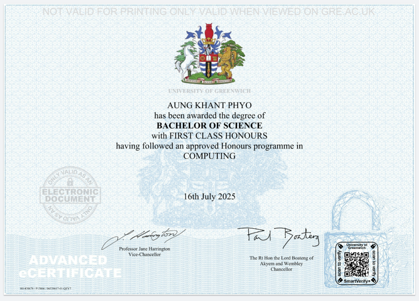 University of Greenwich Certificate